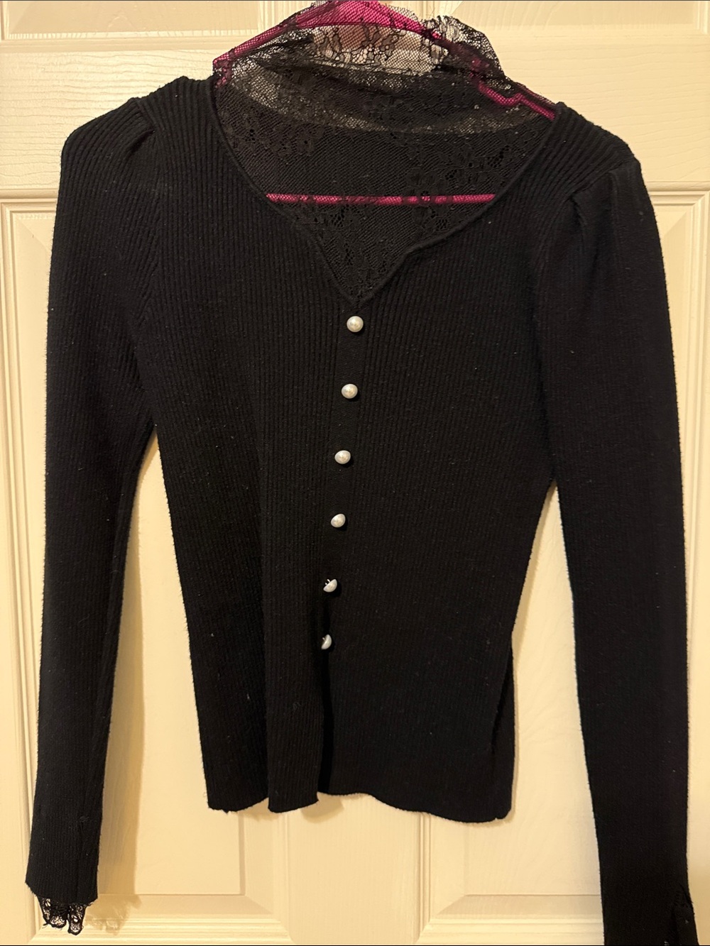 Black Lace-Trim Ribbed Button Cardigan